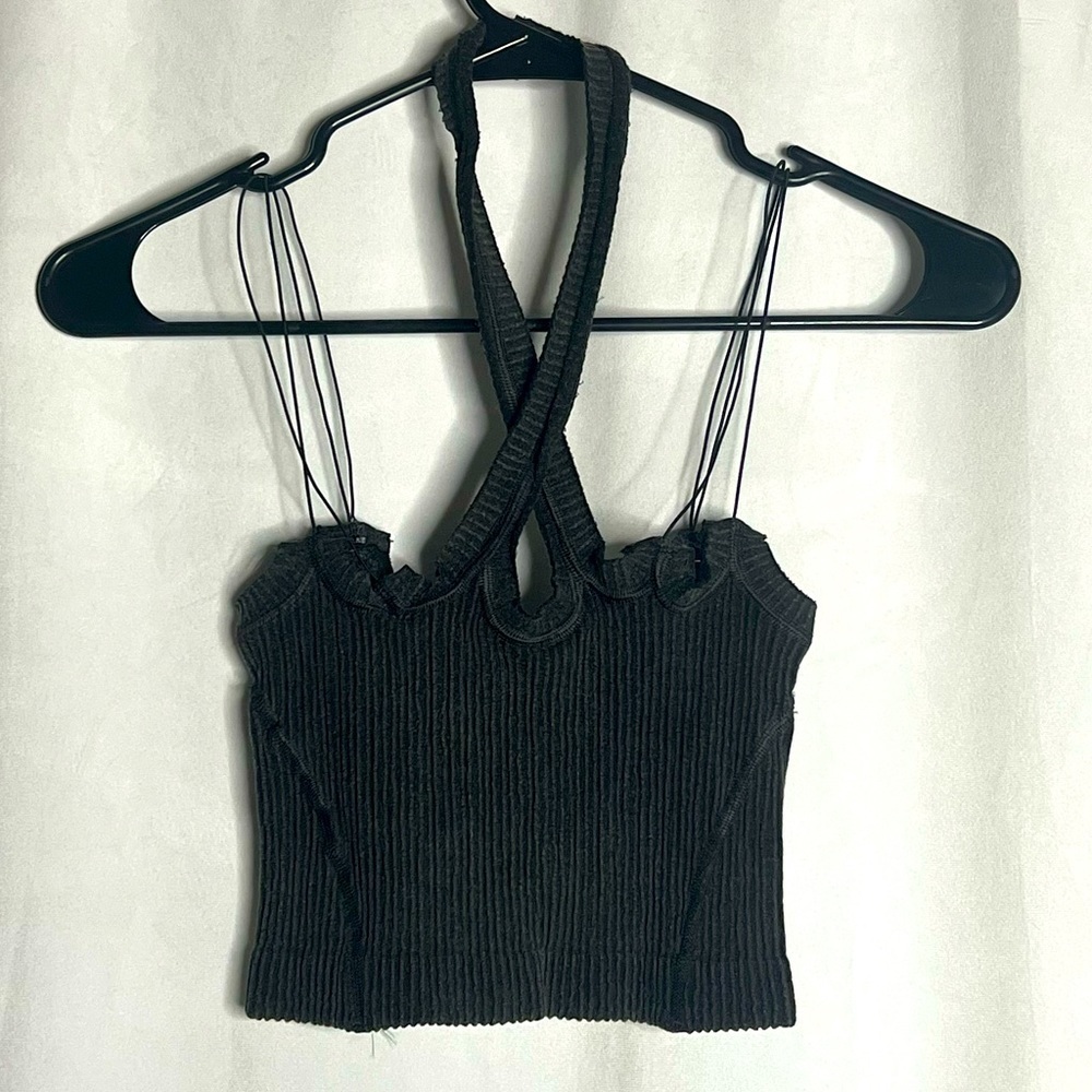 OU Halter Neck Crop Sleeveless Rib Knit Top Size S/XS